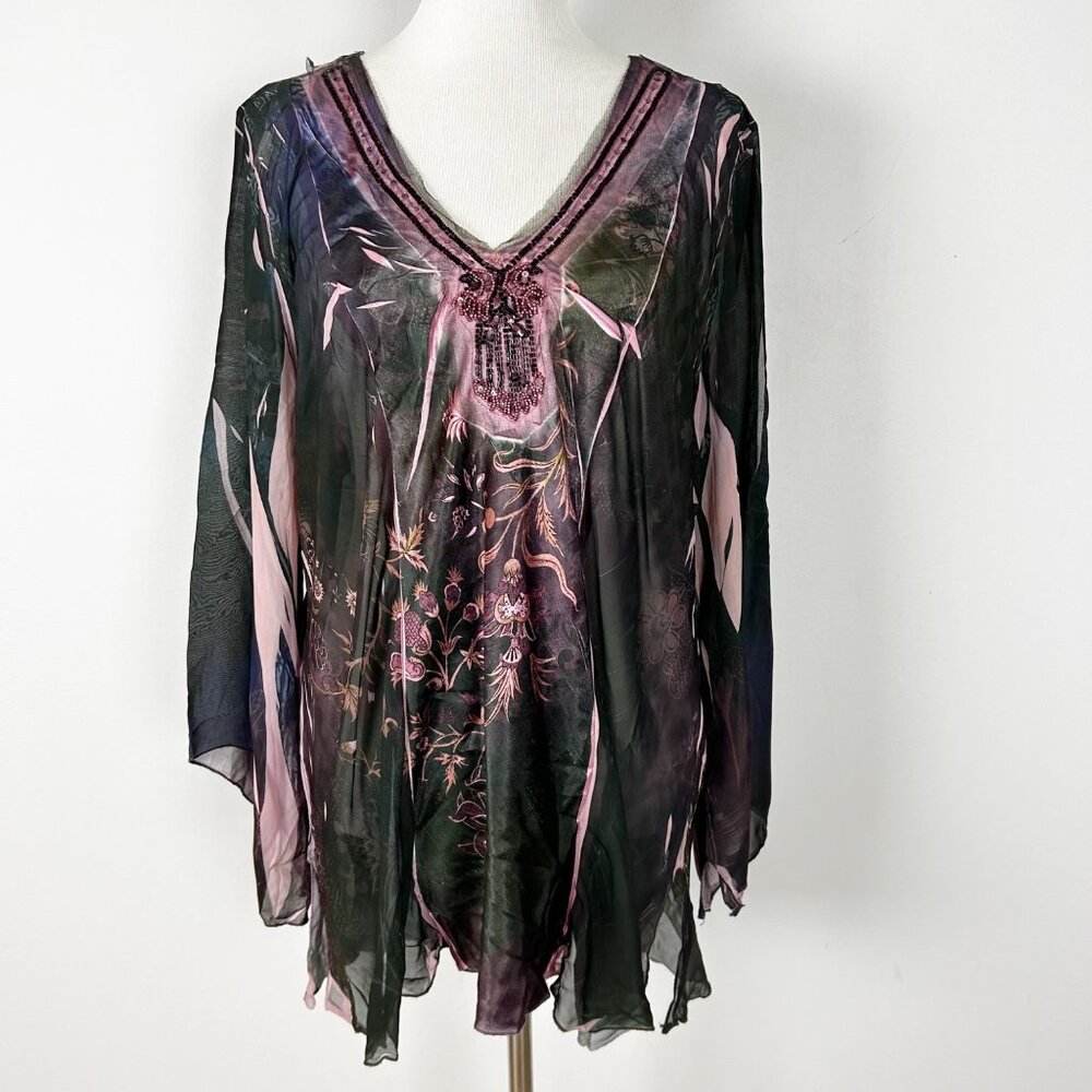 Women's Y2K‎ Fairy Grunge Floral Beaded Top Whimsical Flowy Relaxed Size 2X